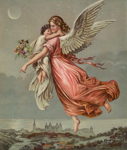 Ángel guardián llevando a un niño